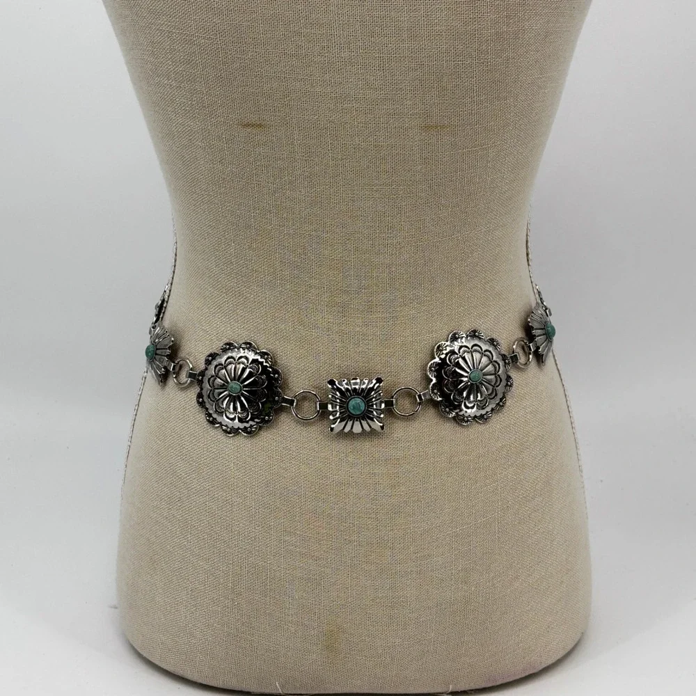 Austin West Concho Chain Belt Womens SM Silver Turquoise Western Boho Adjustable